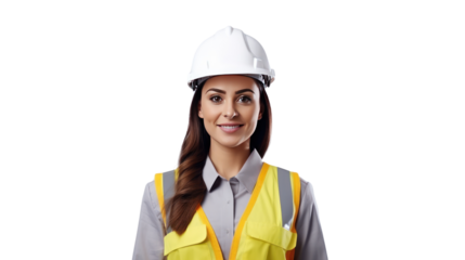 Portrait of Female engineer happy with workplace, isolated on white background.