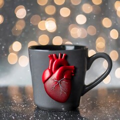 Grey cup with red heart on shining blurred background