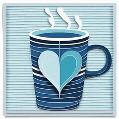 Blue cup hot drink with heart on it. Layered paper illustration