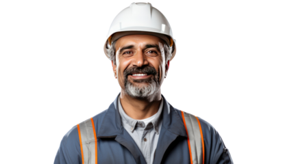 Portrait of engineer man happy with workplace, isolated on white background.