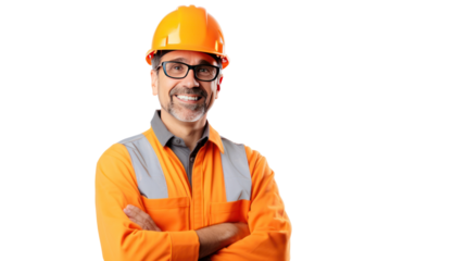 Portrait of engineer man happy with workplace, isolated on white background.