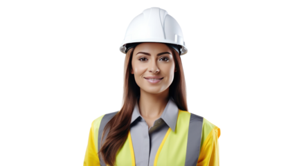 Portrait of Female engineer happy with workplace, isolated on white background