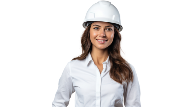 Portrait of Female engineer happy with workplace, isolated on white background.