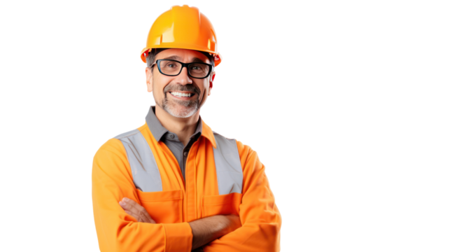 Portrait of engineer man happy with workplace, isolated on white background.
