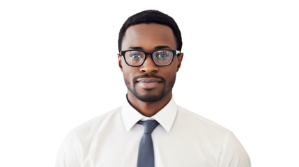 Portrait of confident businessman, dark skin, isolated on transparent and white background.PNG image.