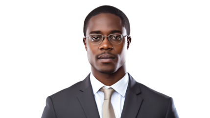 Portrait of confident businessman, dark skin, isolated on transparent and white background.PNG image.