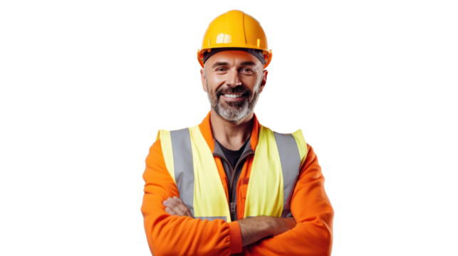 Portrait of engineer man happy with workplace, isolated on white background.