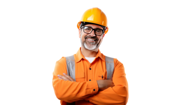 Portrait of engineer man happy with workplace, isolated on white background.