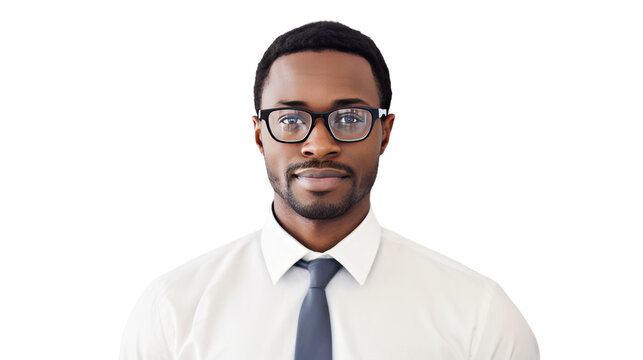 Portrait of confident businessman, dark skin, isolated on transparent and white background.PNG image.