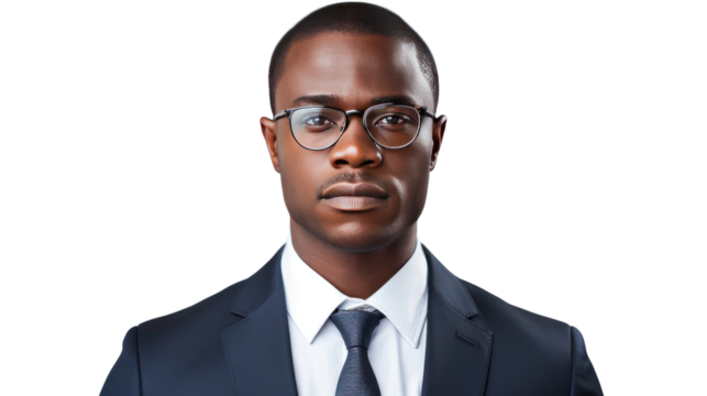 Portrait of confident businessman, dark skin, isolated on transparent and white background.PNG image.
