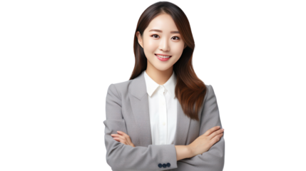 Portrait of a smiling asian businesswoman standing with arms folded isolated on transparent and white background.PNG image.