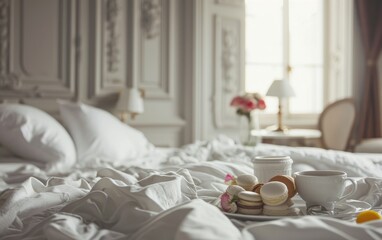 A parisian vibes white elegant hotel luxury room with a breakfast on the bed