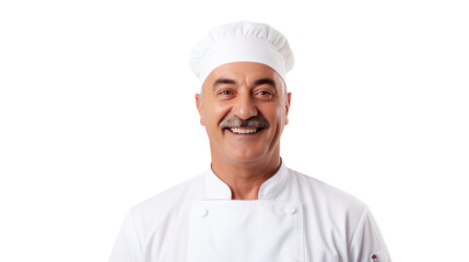 Portrait of a chef, an expert, smiling happily. looking at camera Isolated from the white background.