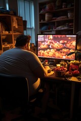 view from behind of fat man playing pc in a table with garbage