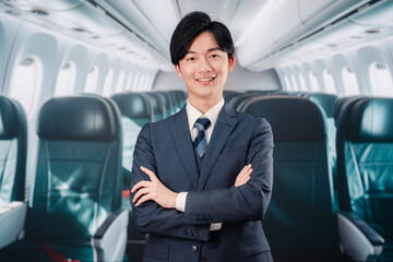 飛行機の機内で腕を組むビジネスマン