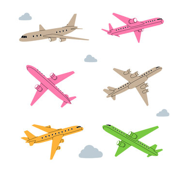 Airplane set. Passenger airplanes. Different air transport silhouette. Vector illustration.