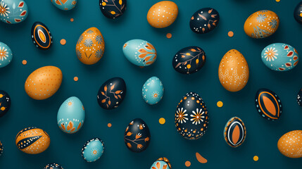 Easter eggs background, Easter pattern made with easter eggs on solid color background, chocolate easter eggs, Ai generated image - Powered by Adobe