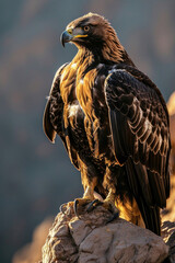 The intense gaze of a golden eagle, perched on a rocky ledge