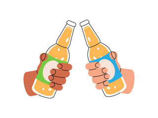 Hands holding beer bottles. Beer pub product. Brewing process, brewery factory production. Vector illustration.