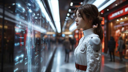 young woman in a white coat uses an interactive display at a shopping mall. She looks focused on the glowing digital information AR, AI