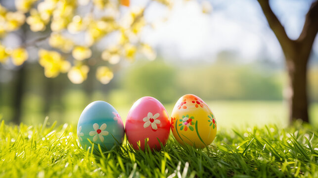 Easter eggs in grass, Three painted easter eggs celebrating a Happy Easter on a spring day with a green grass meadow, bright sunlight, tree leaves and a background with copy space, Ai image