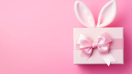 easter bunny with ribbon, Top view of easter bunny giftbox with ears paws and muzzle on isolated pastel pink background with copyspace, Ai generated image - Powered by Adobe