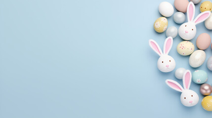 Colorful easter eggs on blue background,  Top view of white circle colorful easter eggs and bunny ears on isolated pastel blue background with copyspace, Ai generated image