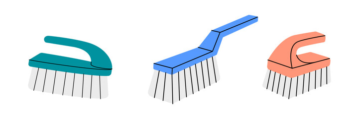 Cleaning brushes. Cleaning service tools. Housekeeping service equipment. Vector illustration.