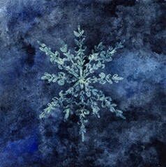 Naklejka na ściany i meble a big snowflake on a dark blue watercolor background
