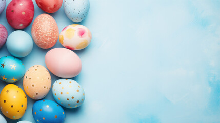 Fototapeta na wymiar Colorful easter eggs on blue background, Top view of white circle colorful easter eggs and bunny ears on isolated pastel blue background with copyspace, Ai generated image