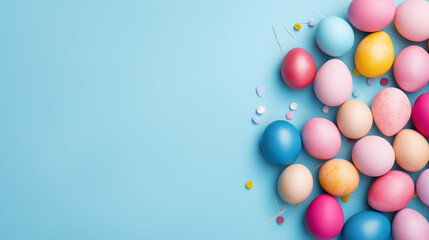 Fototapeta na wymiar Colorful easter eggs on blue background, Top view of white circle colorful easter eggs and bunny ears on isolated pastel blue background with copyspace, Ai generated image