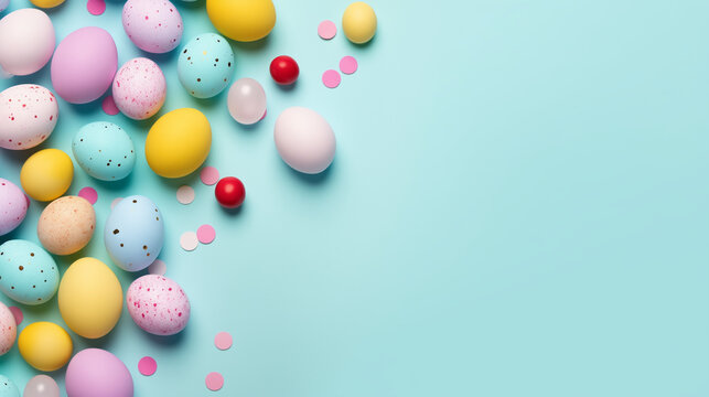 Colorful easter eggs on blue background,  Top view of white circle colorful easter eggs and bunny ears on isolated pastel blue background with copyspace, Ai generated image