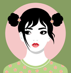 1433_Vector portrait of cute fashionable Asian girl wearing space buns