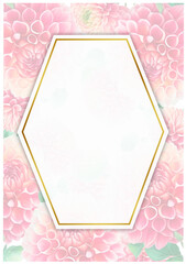 vertical card template with watercolor pink flowers and gold frame
