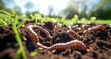Earthworm exercising in the garden, ai generated. - obrazy, fototapety, plakaty