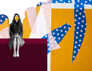 Woman sits on a wall alone.  Sad woman , abstract cutting paper background, alone concept illustration