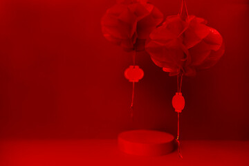 Chinese lanterns on a bright red background. Close up. Chinese Lunar New Year celebration concept.