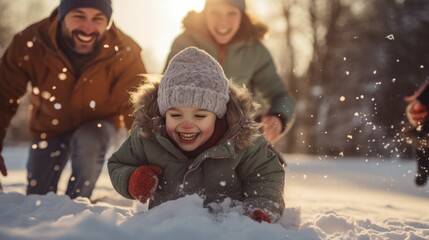 family playing in the snow