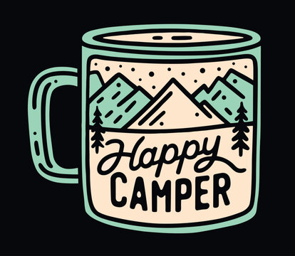 Happy camper quotes cute retro vintage enamel coffee cup lettering illustration. Mountains forest landscape and stars inside camping mug aesthetic drawing vector for printable gift sticker poster.