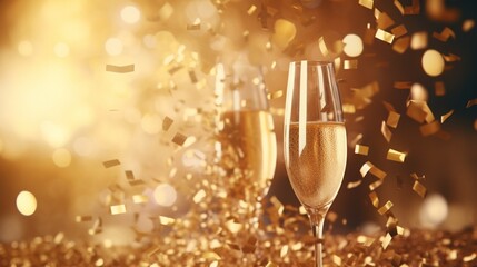 a champagne bottle graces the scene, embellished with confetti stars, bokeh decoration, and party streamers on a luxurious golden background