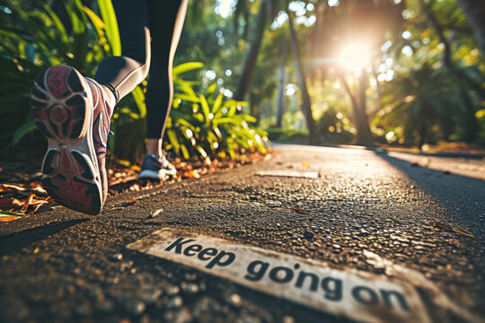 Keep going on concept image with sign with written words keep going on and person running on the park path , motivation and encouragement background