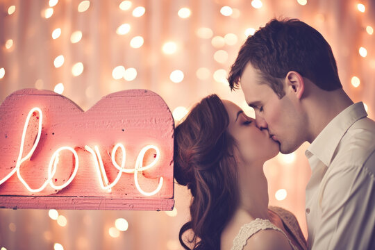 Love concept image with lovely man and woman couple kissing in front of a glowing love sign and pink background