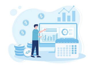 analysts prepare monthly reports. calendar chart concept flat illustration