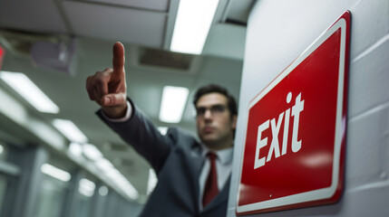 Fired or dismiss concept image with man manager in suit pointing the exit sign at office to fire his team employees - obrazy, fototapety, plakaty