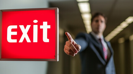 Fired or dismiss concept image with man manager in suit pointing the exit sign at office to fire his team employees