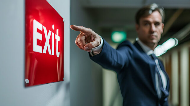 Fired or dismiss concept image with man manager in suit pointing the exit sign at office to fire his team employees