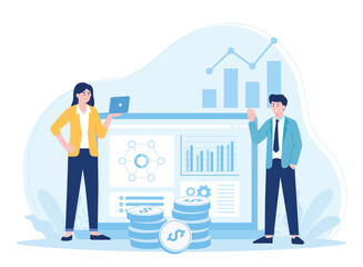 business team analysis and monitoring on web report dashboard monitor concept flat illustration