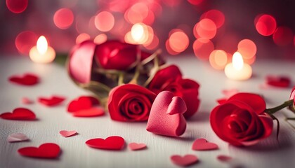 Fototapeta na wymiar Valentine's Day-themed, Feeling the love in the air with all the pink and red decorations, heart-shaped decorations, gorgeous rose decoration, romantic feelings, generative Ai