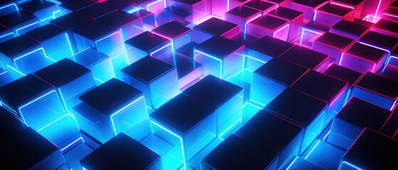 Bright neon elements and 3D cubes create a modern, tech-savvy atmosphere.