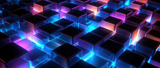 Bright neon elements and 3D cubes create a modern, tech-savvy atmosphere.